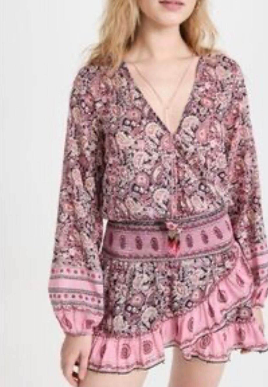 Bell By Alicia Bell Evelyn Dress Women M Pink Paisley Silk Smocked Boho Exc